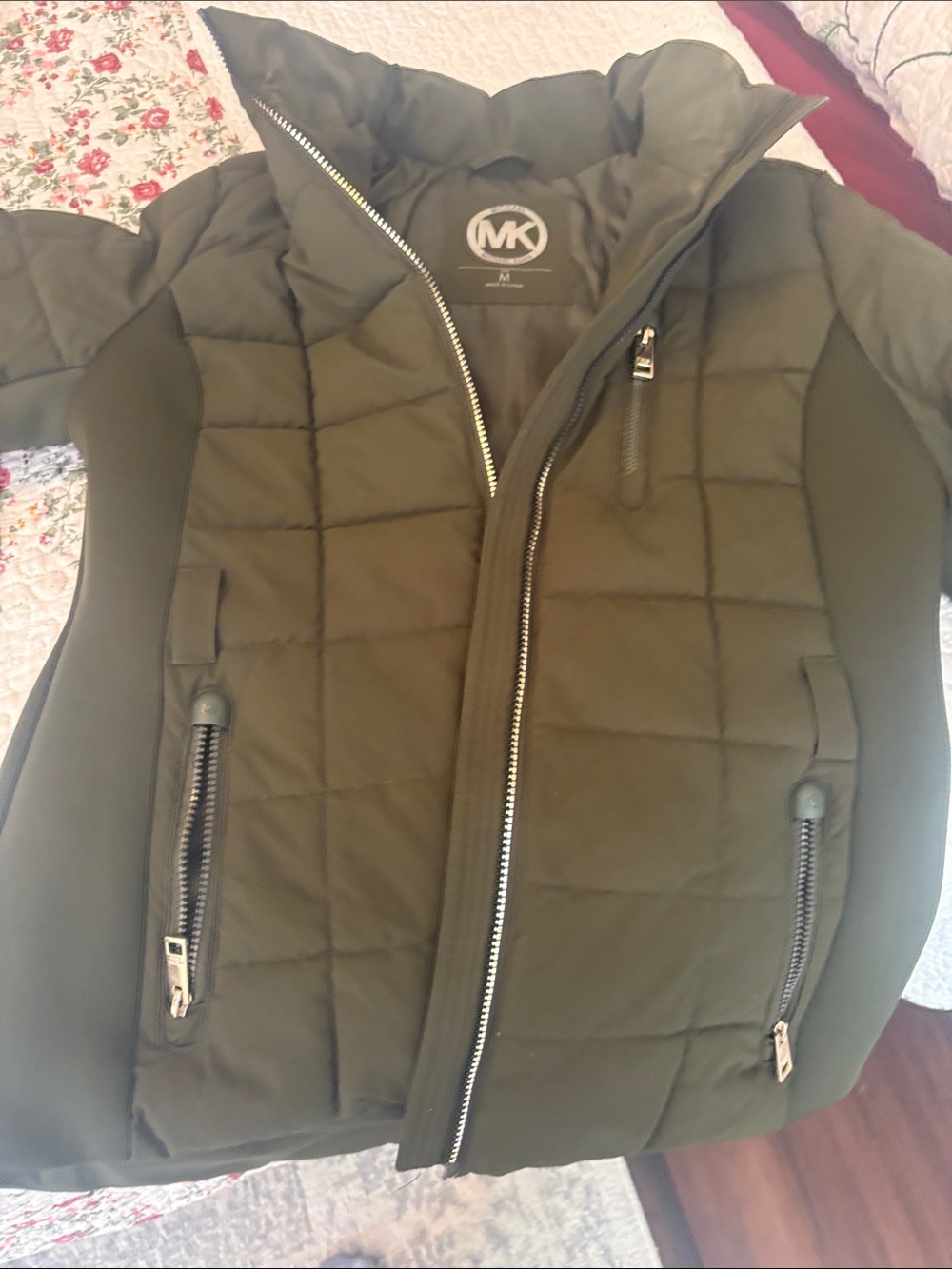 Michael Kors Olive Green Quilted Puffer Jacket with Zip Details